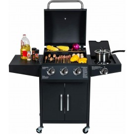 3 Burners 37,000 BTU Propane Gas Grill with Side Burner Warming Rack for Outdoor